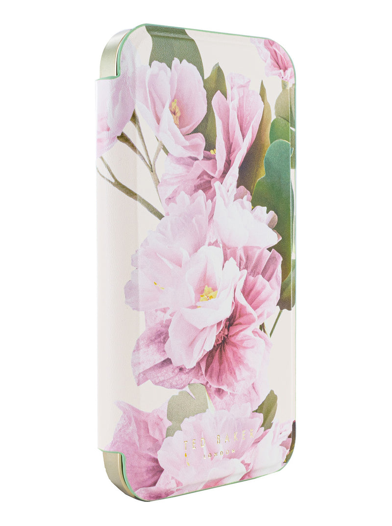 Ted Baker LIRION Cream Flower Placement Mirror Folio Phone Case for iPhone 14 Pro Green Gold Shell