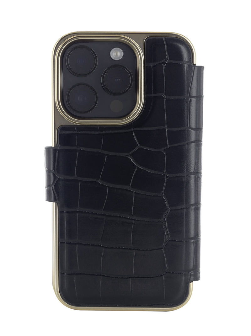 Ted Baker KHAILS Black Croc Dual Card Slot  Mirror Folio Phone Case for iPhone 14 Pro Gold Shell