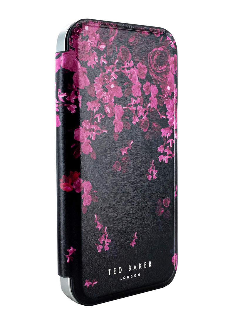 Ted Baker ANEMOY Black Flower Border Mirror Folio Phone Case for iPhone 14 Silver Shell