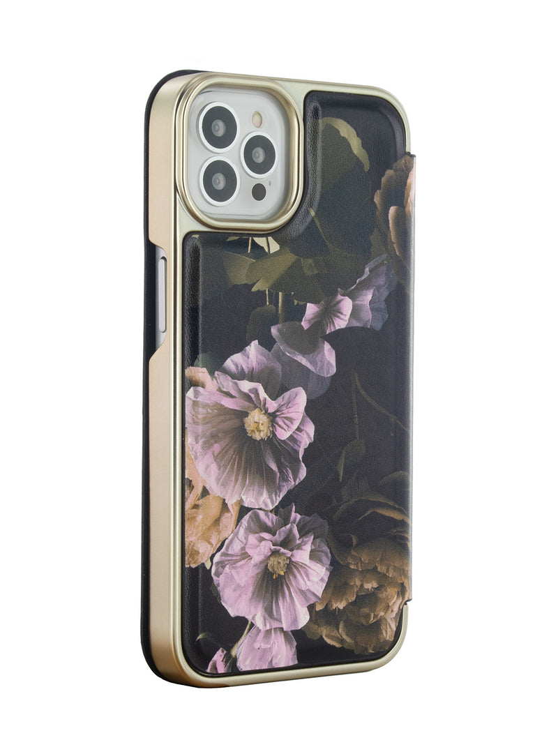 Ted Baker GLADIAS Black Paper Flowers Mirror Folio Phone Case for iPhone 12 Pro Gold Shell