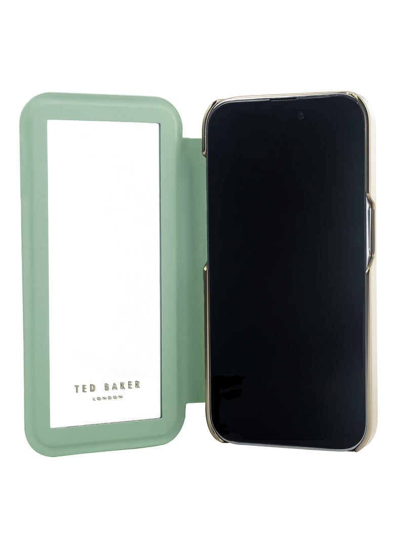 Ted Baker LIRIOS Cream Flower Placement Mirror Folio Phone Case for iPhone 12 Pro Green Gold Shell