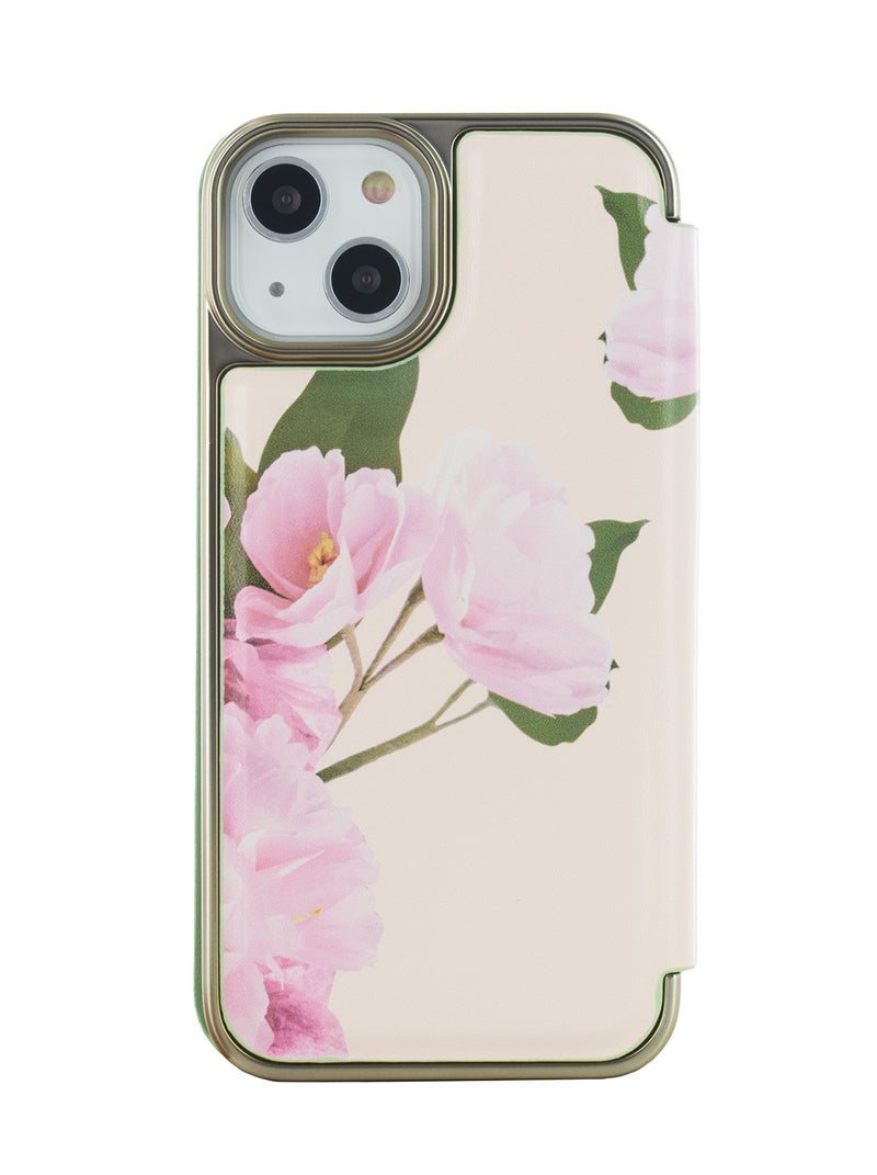 Ted Baker LIRIAS Cream Flower Placement Mirror Folio Phone Case for iPhone 14 Green Gold Shell