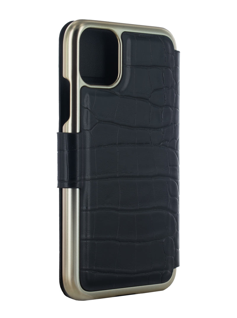 Ted Baker KHAILI Black Croc Dual Card Slot Folio Phone Case for iPhone 11 Gold Shell