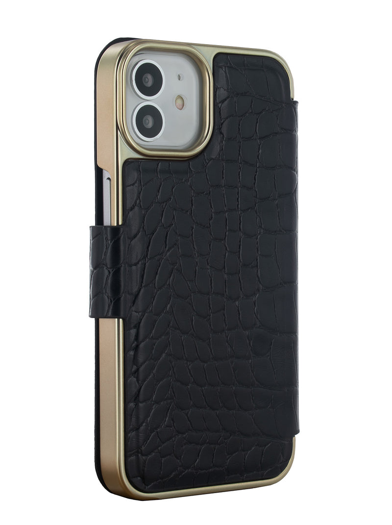 Ted Baker KHAILIA Black Croc Folio Phone Case for iPhone 12 Gold Shell