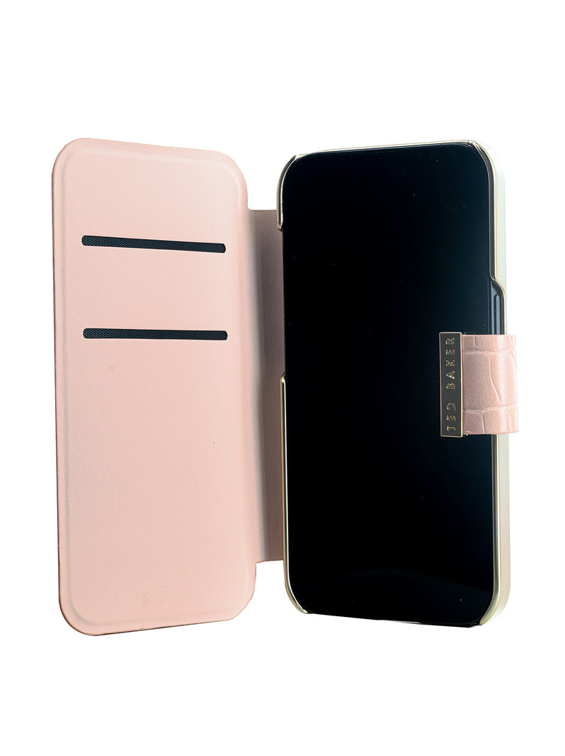 Ted Baker KHAILIA Pink Croc Dual Card Slot Folio Phone Case for iPhone 12 Gold Shell