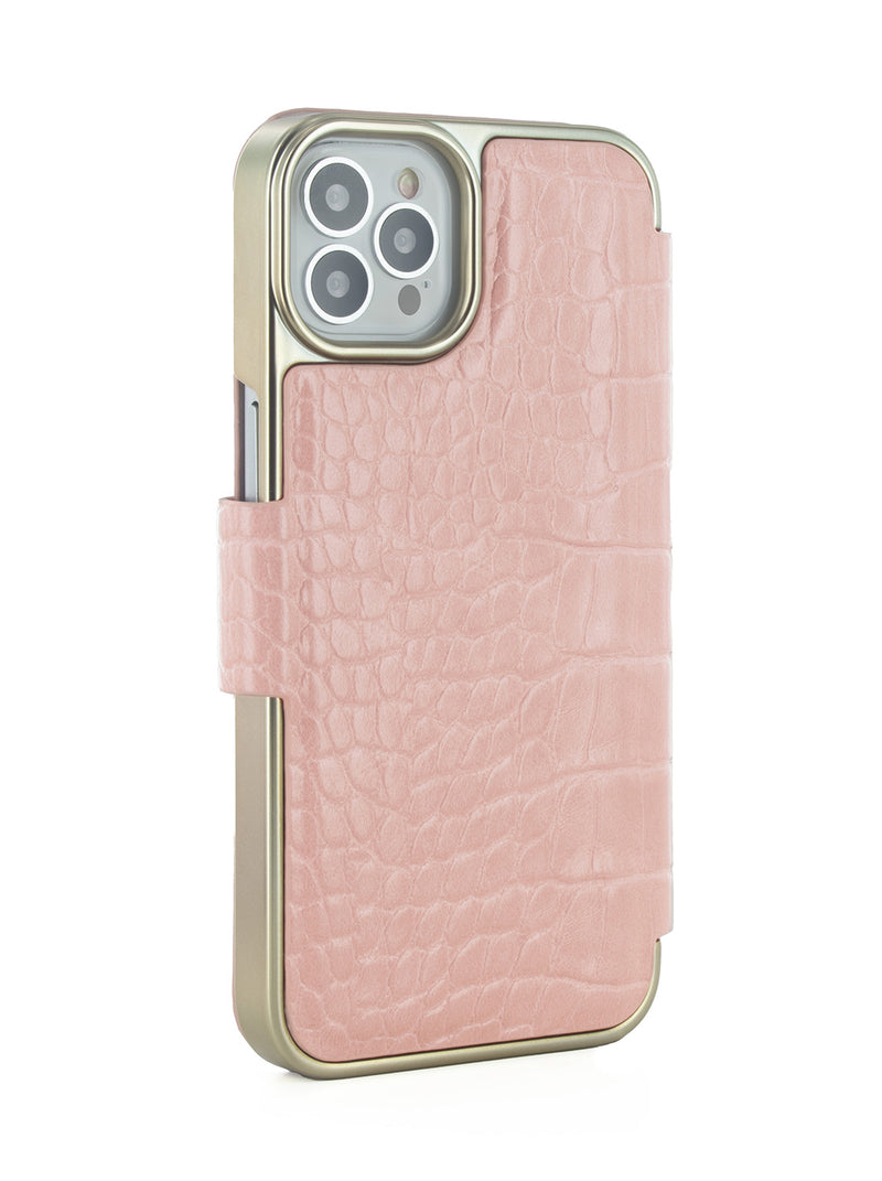 Ted Baker KHAILIA Pink Croc Dual Card Slot Folio Phone Case for iPhone 12 Pro Gold Shell