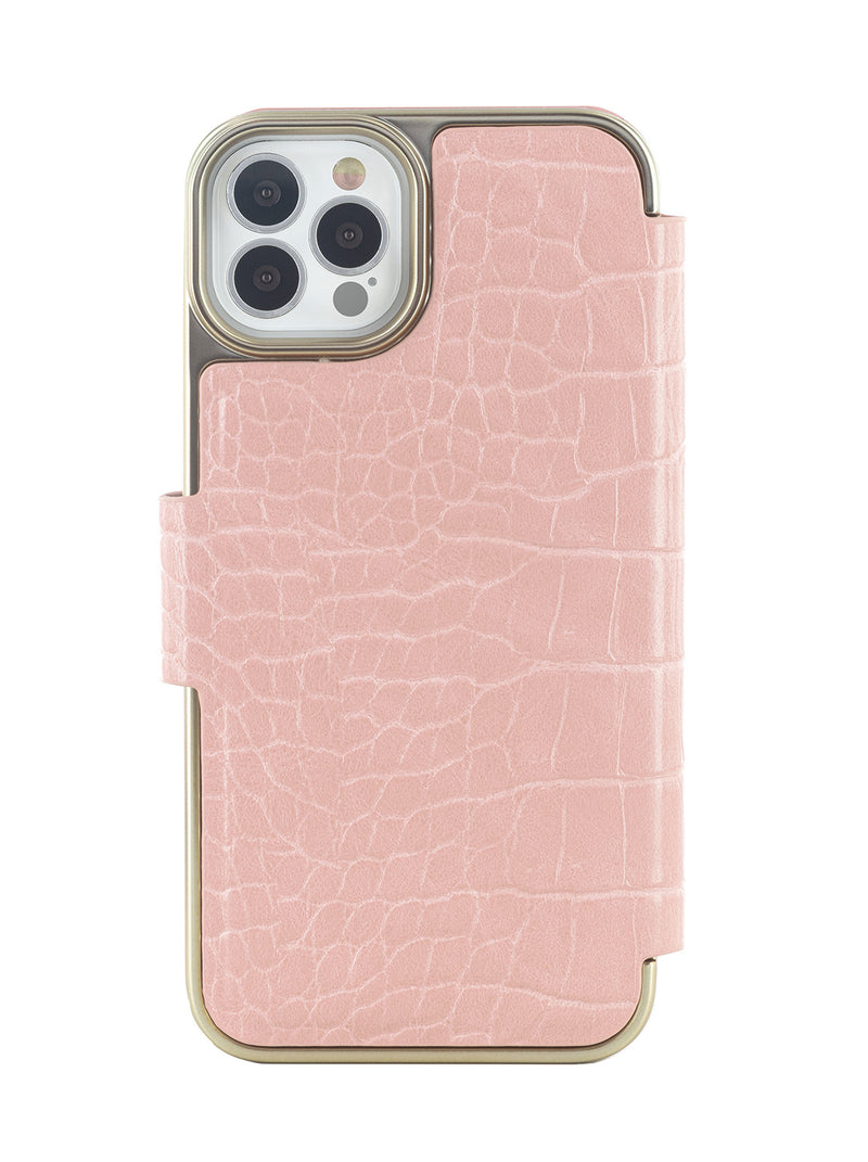 Ted Baker KHAILIA Pink Croc Dual Card Slot Folio Phone Case for iPhone 12 Pro Gold Shell