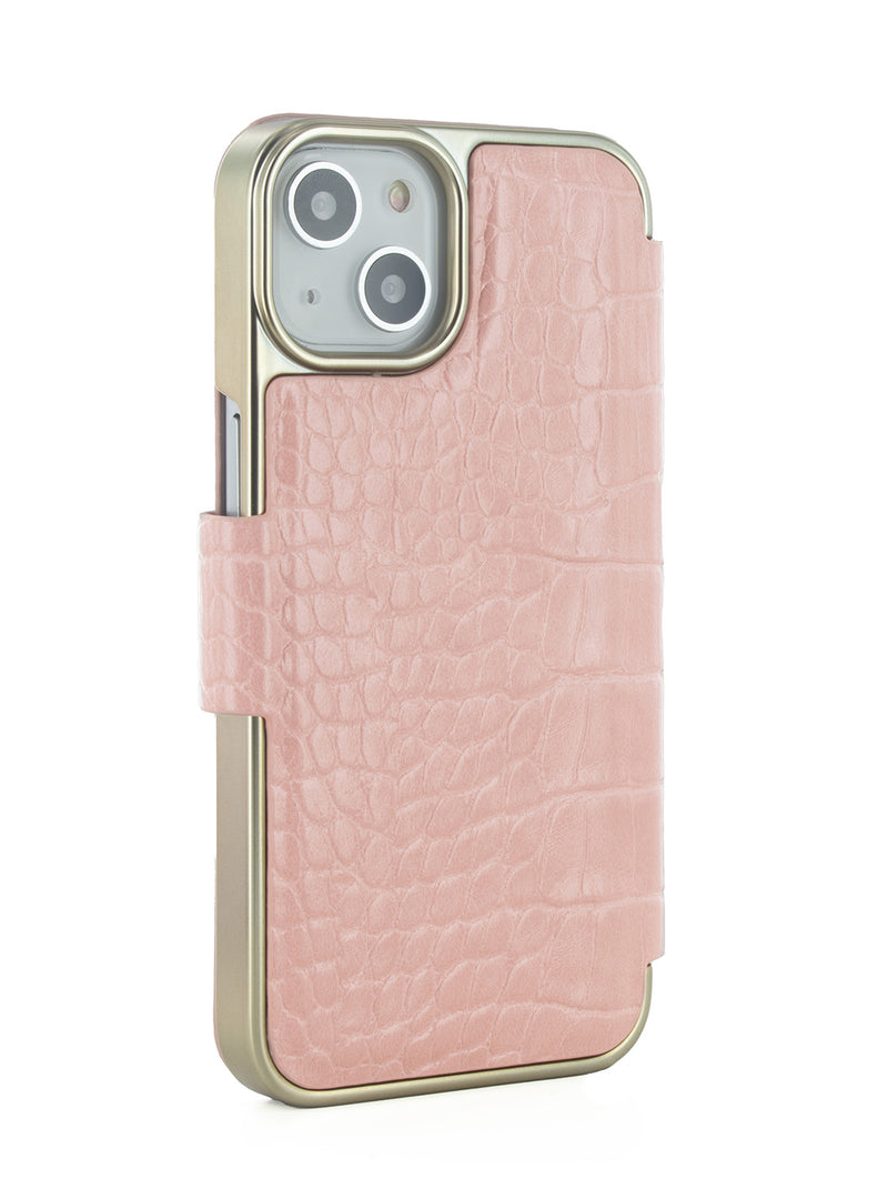 Ted Baker KHAILLY Pink Croc Dual Card Slot Folio Phone Case for iPhone 13 Gold Shell