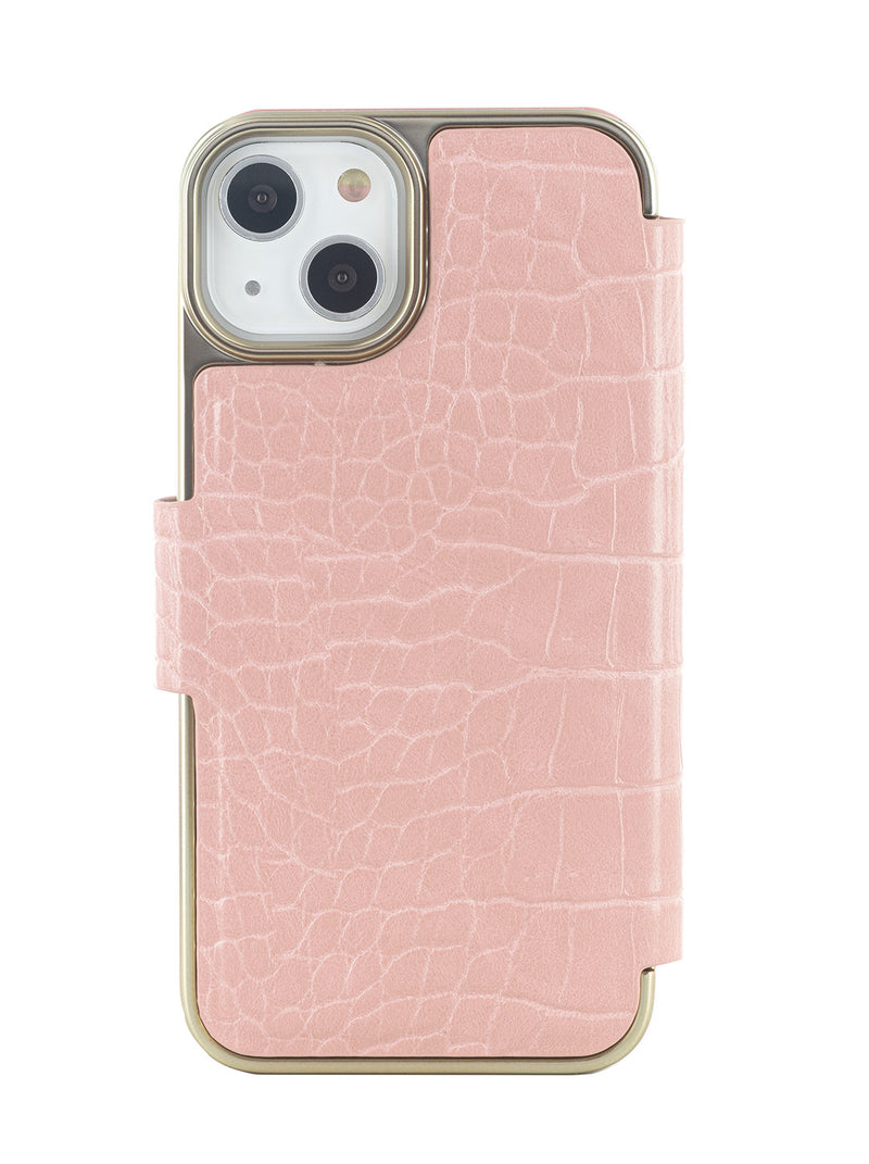 Ted Baker KHAILLY Pink Croc Dual Card Slot Folio Phone Case for iPhone 14 Gold Shell