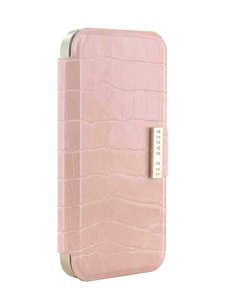 Ted Baker KHAILLY Pink Croc Dual Card Slot Folio Phone Case for iPhone 14 Gold Shell