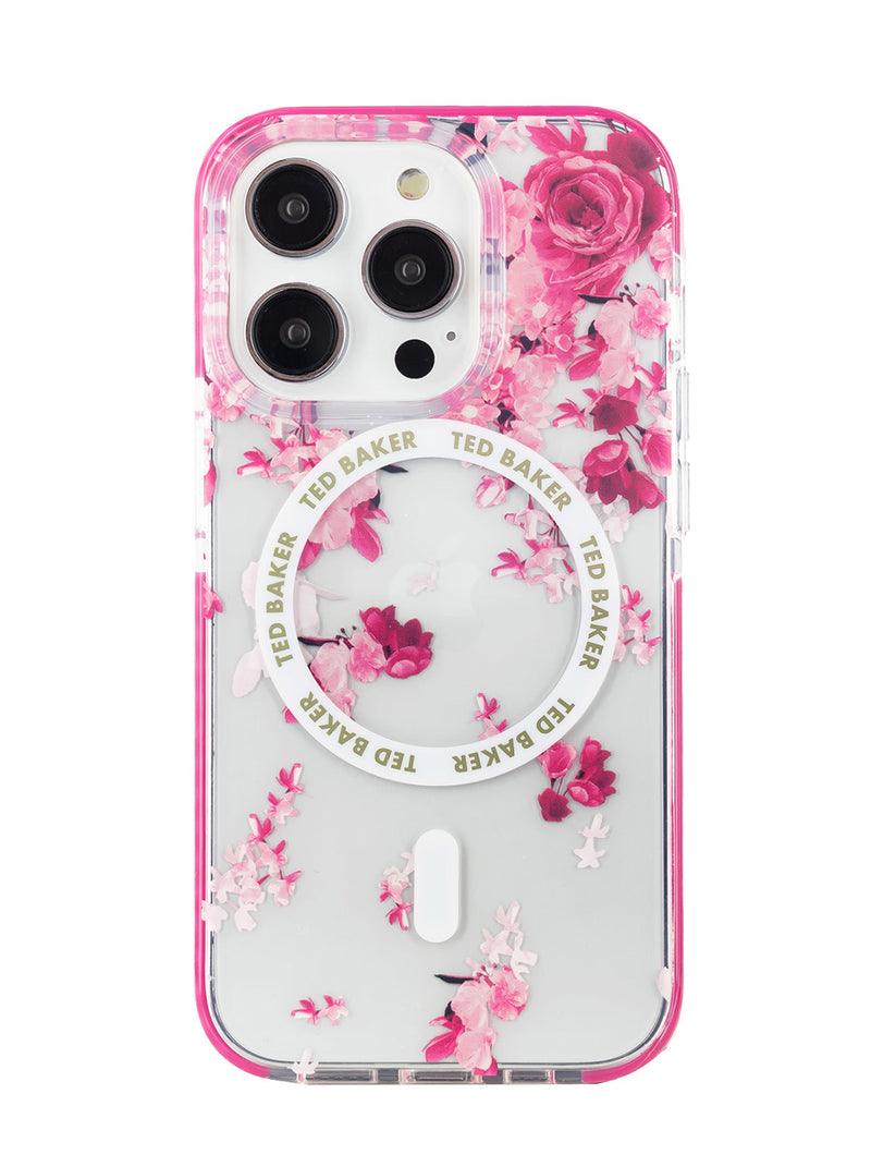 Ted Baker AZZA Clear Scattered Flowers Antishock Phone Case for iPhone 14 Pro Max Pink Bumper Compatible with MagSafe