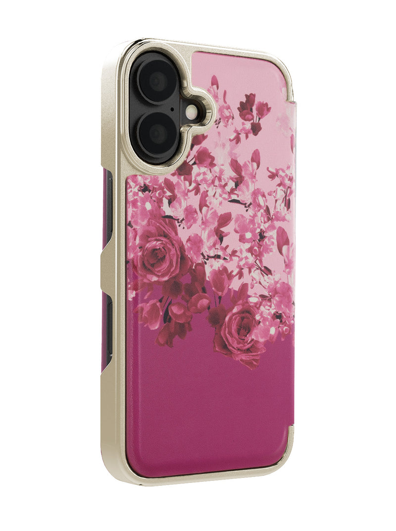 Ted Baker Pink Scattered Flowers Mirror Folio Phone Case for iPhone 16 Plus Gold Shell