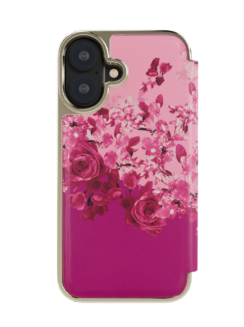 Ted Baker Pink Scattered Flowers Mirror Folio Phone Case for iPhone 16 Plus Gold Shell