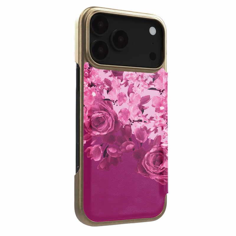 Ted Baker Pink Scattered Flowers Mirror Folio Phone Case for iPhone 17 Pro Gold Shell