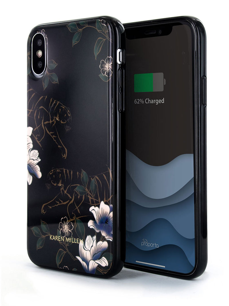 Front and back image of the Karen Millen Apple iPhone XS / X phone case in Black