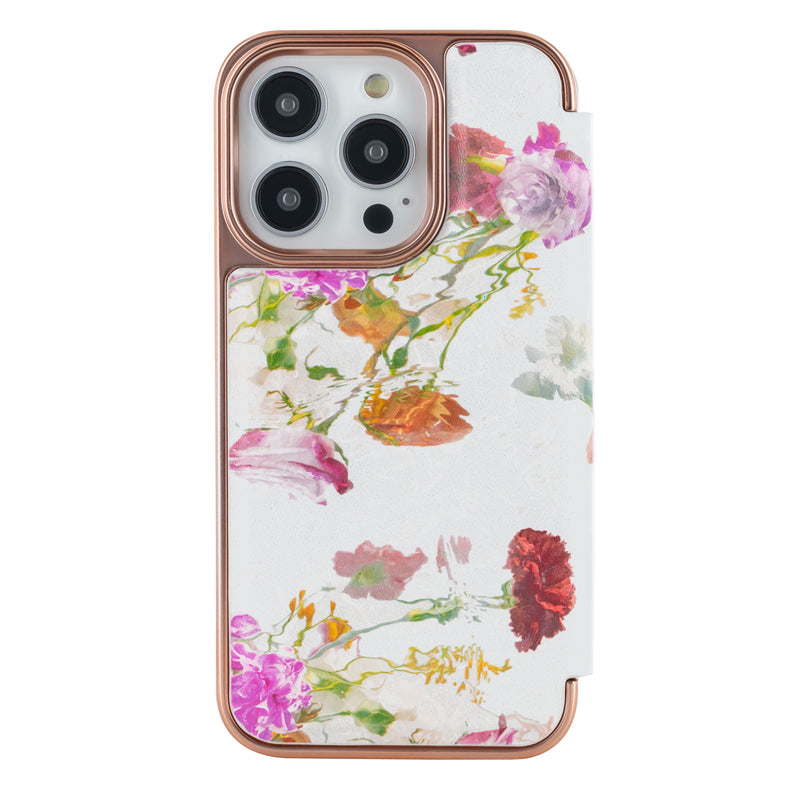 Ted Baker GLADOT Mirror Folio for iPhone 14 Pro Water Floral Grey Rose Gold