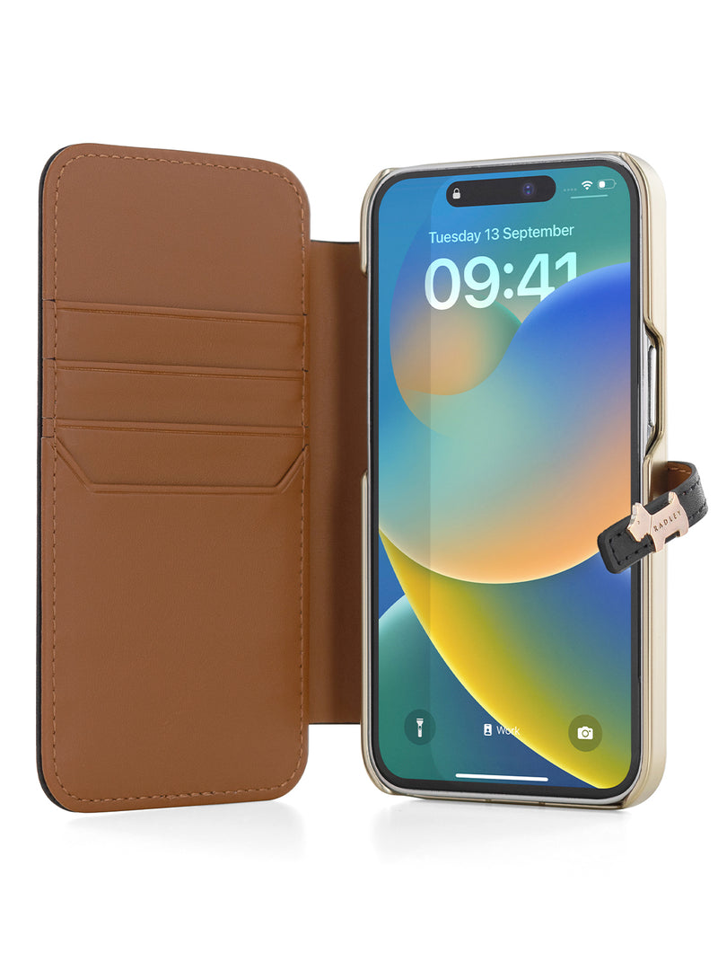 Radley Scotty Dog Embellished Book-style Flip Case for iPhone 14 Pro Max with Four Card Slots - Black / Tan