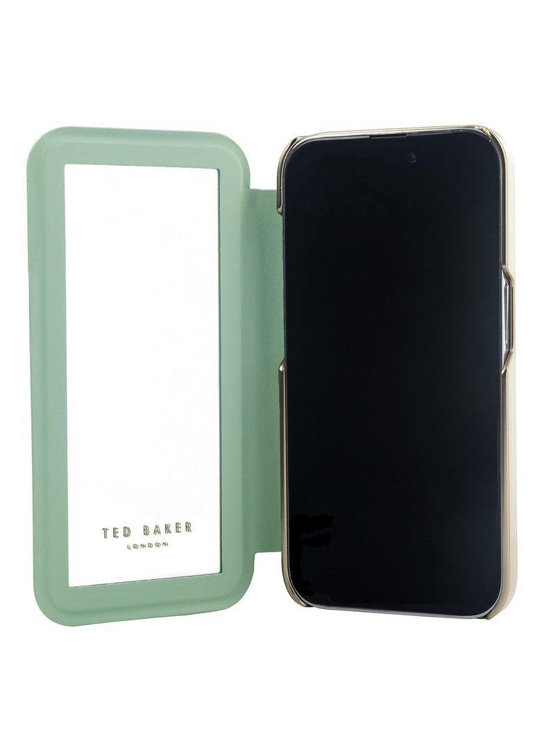 Ted Baker APPYIA Cream Flower Placement Mirror Folio Phone Case for iPhone 15 Green Gold Shell