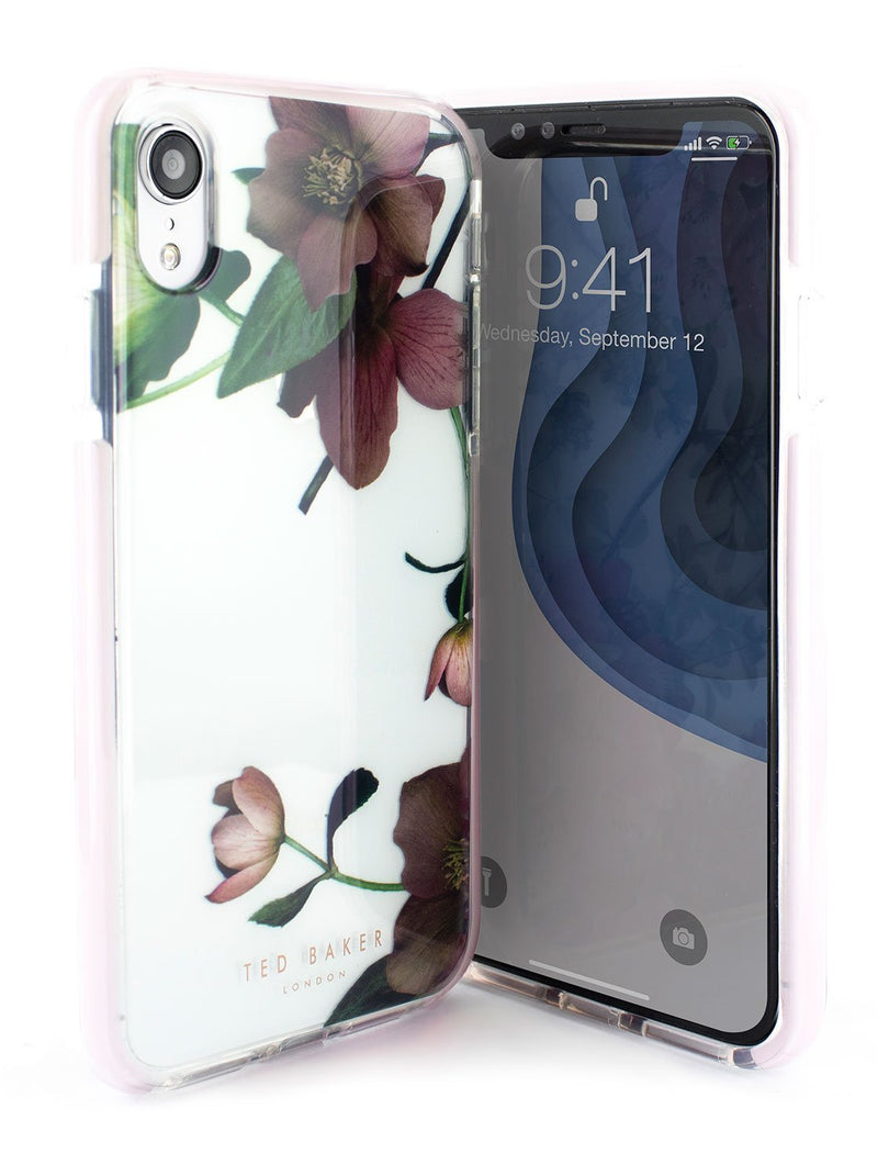 Front and back image of the Ted Baker Apple iPhone XR phone case in Clear Print