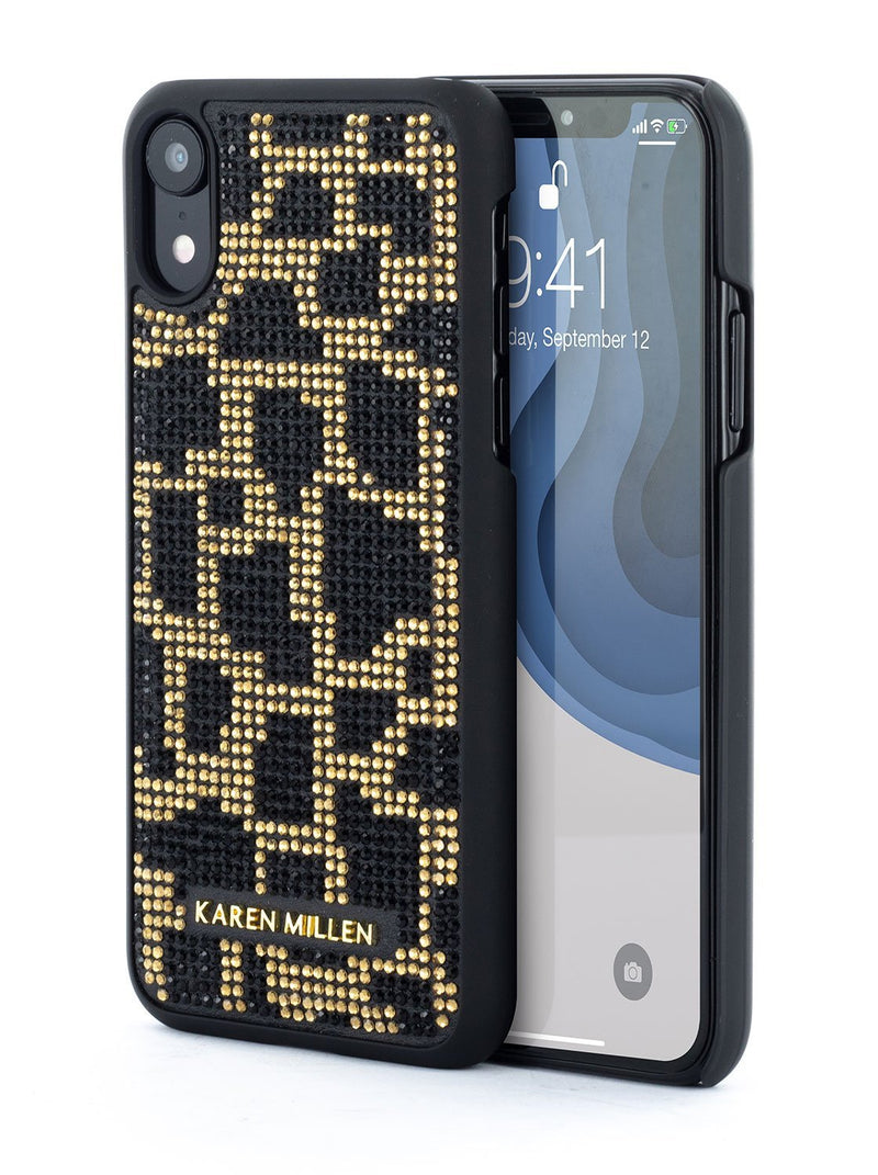 Front and back image of the Karen Millen Apple iPhone XR phone case in Black