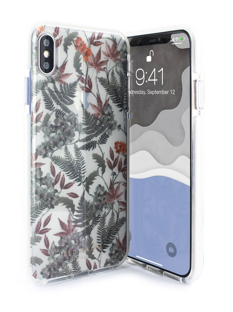 Front and back image of the Ted Baker Apple iPhone XS Max phone case in Clear Print