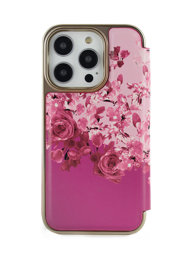 Ted Baker ALSTRY Pink Scattered Flowers Mirror Folio Phone Case for iPhone 14 Pro Gold Shell