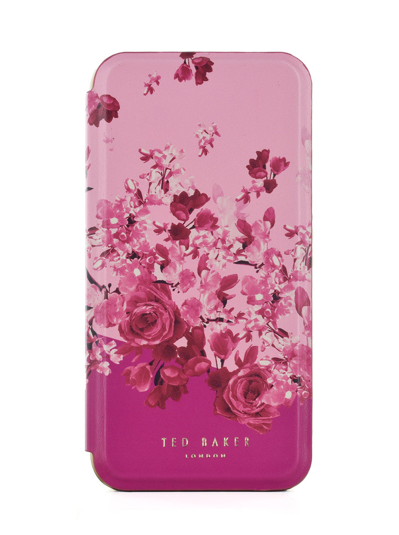 Ted Baker ALSTRY Pink Scattered Flowers Mirror Folio Phone Case for iPhone 14 Pro Gold Shell