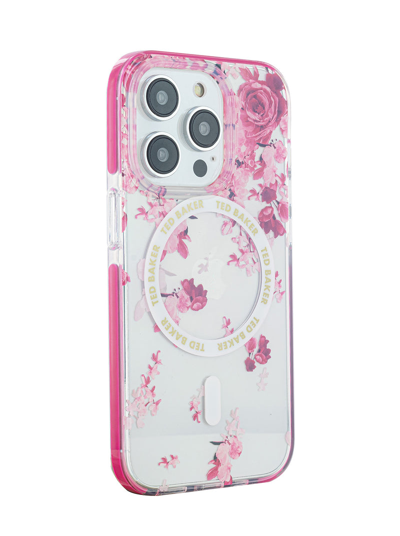 Ted Baker AZAM Clear Scattered Flowers Antishock Phone Case for iPhone 14 Pro Pink Bumper Compatible with MagSafe