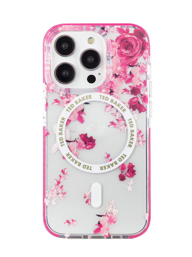 Ted Baker AZAM Clear Scattered Flowers Antishock Phone Case for iPhone 14 Pro Pink Bumper Compatible with MagSafe