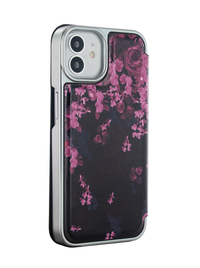 Ted Baker ANEMOIS Black Flower Border Mirror Folio Phone Case for iPhone 12 Silver Shell