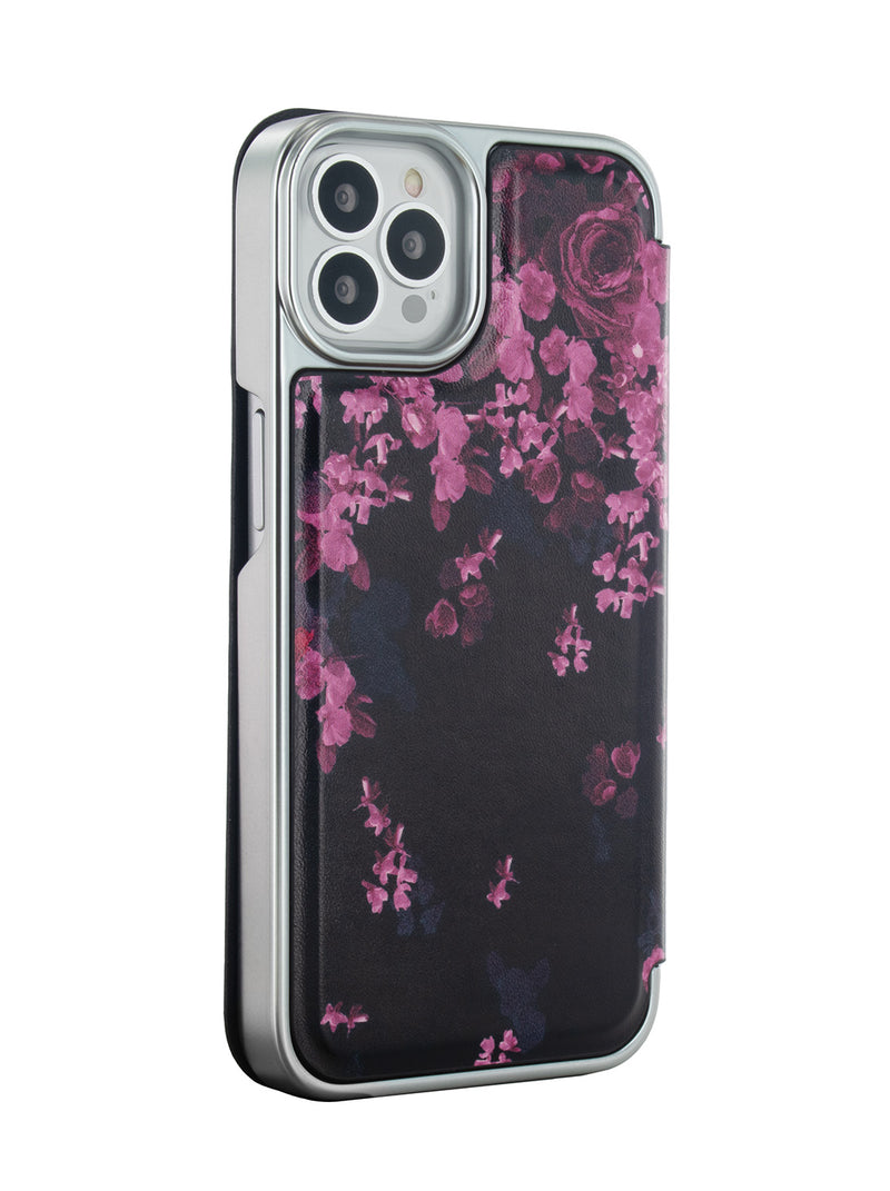 Ted Baker ANEMOIS Black Flower Border Mirror Folio Phone Case for iPhone 12 Pro Silver Shell