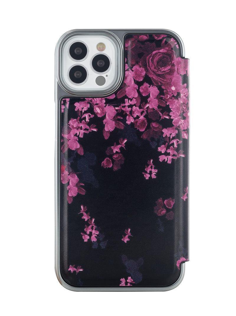 Ted Baker ANEMOIS Black Flower Border Mirror Folio Phone Case for iPhone 12 Pro Silver Shell