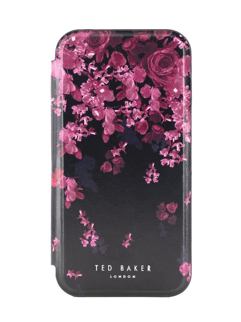 Ted Baker ANEMOY Black Flower Border Mirror Folio Phone Case for iPhone 14 Silver Shell