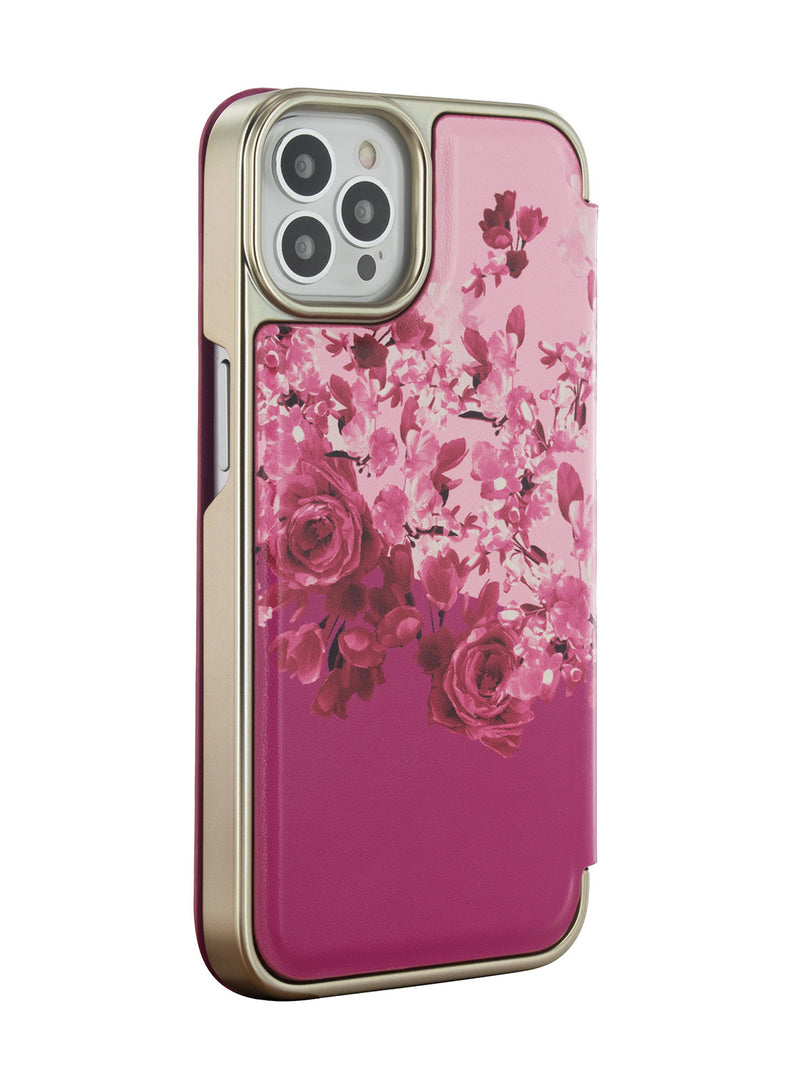 Ted Baker ALSTRIA Pink Scattered Flowers Mirror Folio Phone Case for iPhone 12 Pro Gold Shell