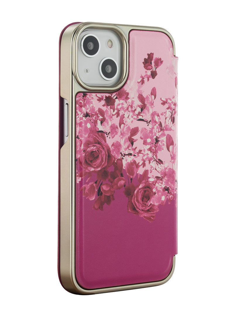 Ted Baker ALSTRO Pink Scattered Flowers Mirror Folio Phone Case for iPhone 14 Gold Shell