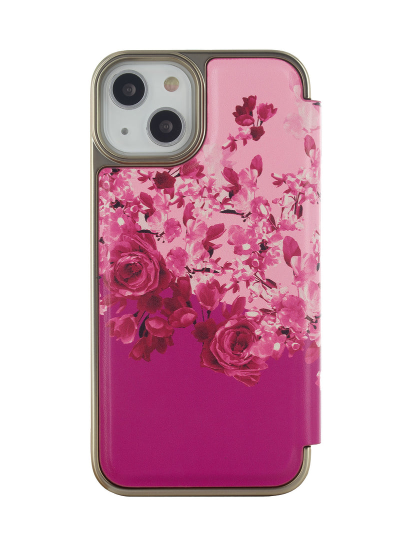 Ted Baker ALSTRO Pink Scattered Flowers Mirror Folio Phone Case for iPhone 14 Gold Shell