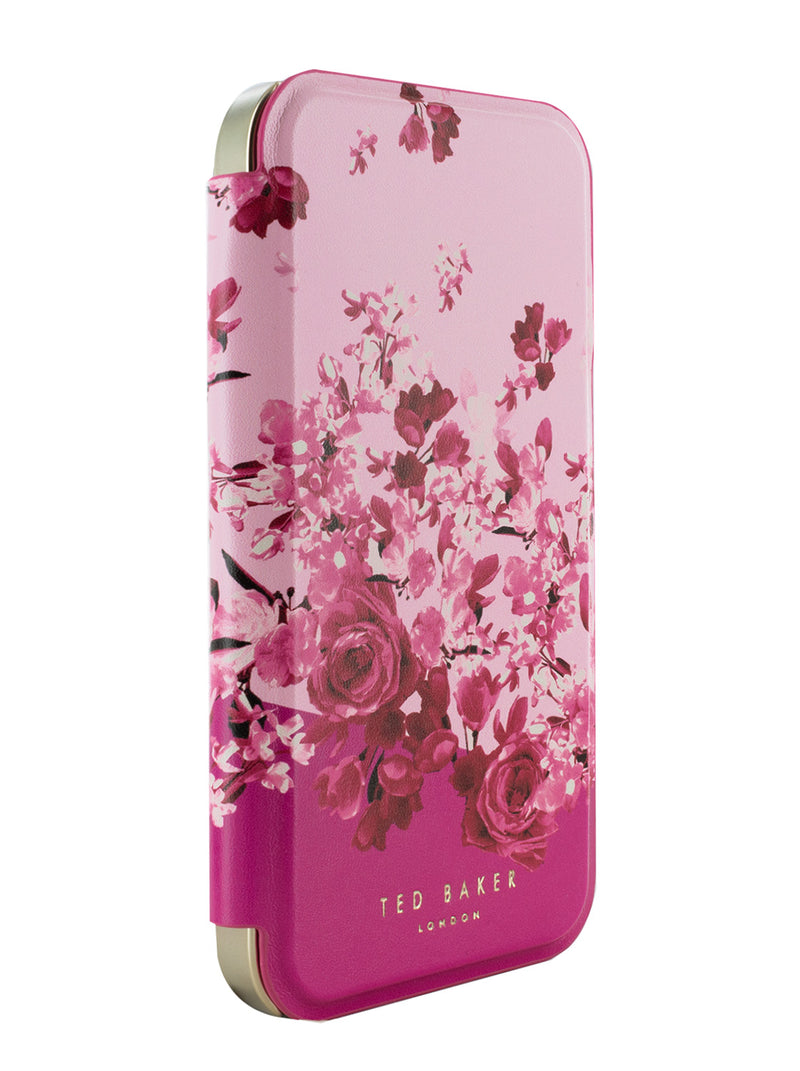 Ted Baker ALSTRO Pink Scattered Flowers Mirror Folio Phone Case for iPhone 14 Gold Shell