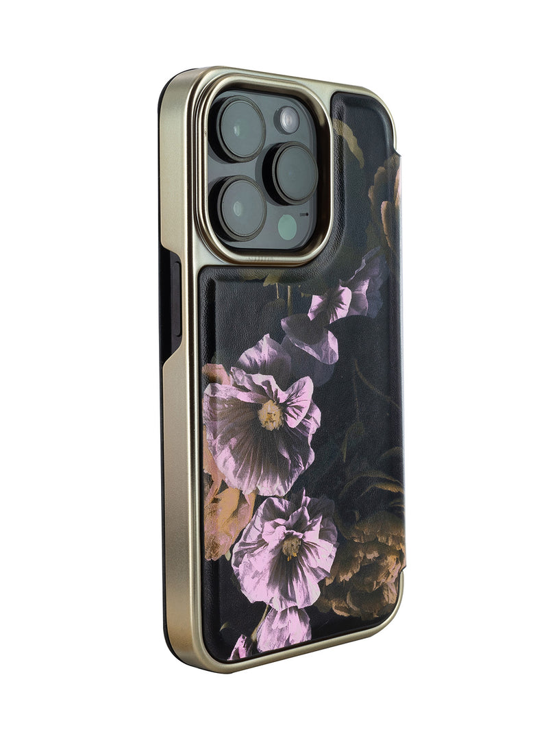 Ted Baker GLADII Black Paper Flowers Mirror Folio Phone Case for iPhone 14 Pro Max Gold Shell