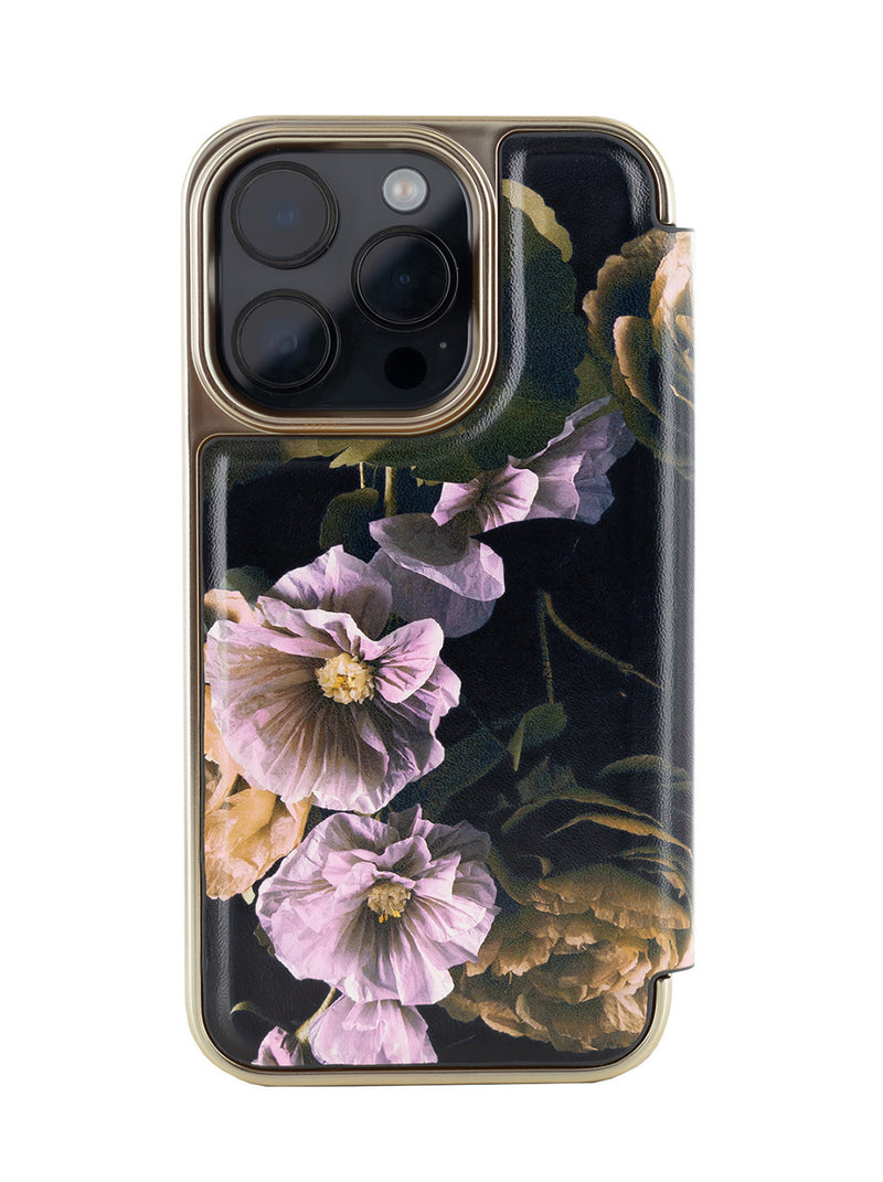 Ted Baker GLADII Black Paper Flowers Mirror Folio Phone Case for iPhone 14 Pro Max Gold Shell