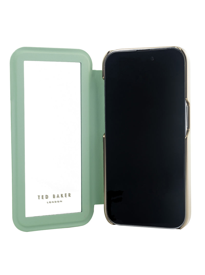 Ted Baker LIRIOS Cream Flower Placement Mirror Folio Phone Case for iPhone 12 Green Gold Shell