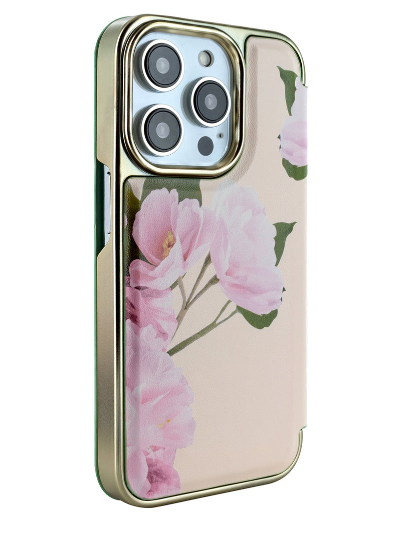 Ted Baker LIRIAM Cream Flower Placement Mirror Folio Phone Case for iPhone 14 Pro Max Green Gold Shell