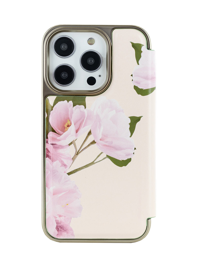 Ted Baker LIRIAM Cream Flower Placement Mirror Folio Phone Case for iPhone 14 Pro Max Green Gold Shell