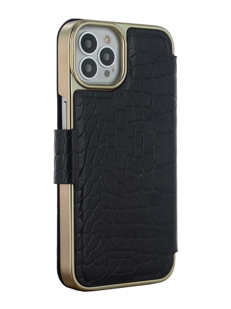 Ted Baker KHAILIA Black Croc Dual Card Slot Folio Phone Case for iPhone 12 Pro Gold Shell
