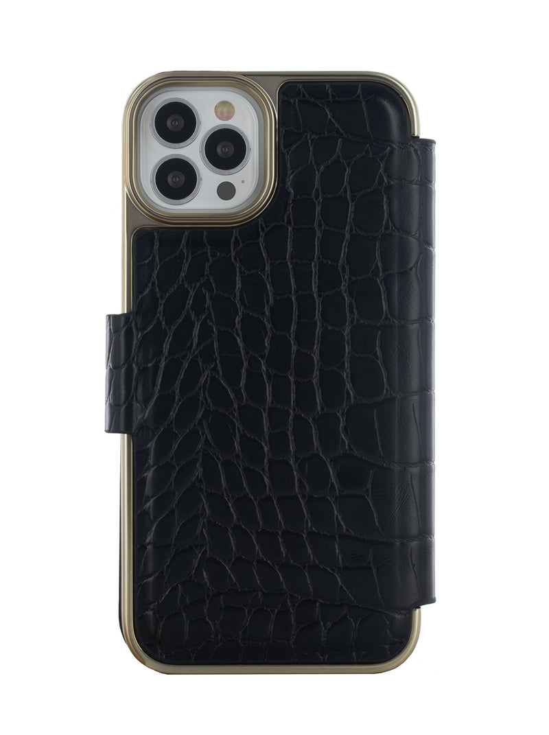 Ted Baker KHAILIA Black Croc Dual Card Slot Folio Phone Case for iPhone 12 Pro Gold Shell