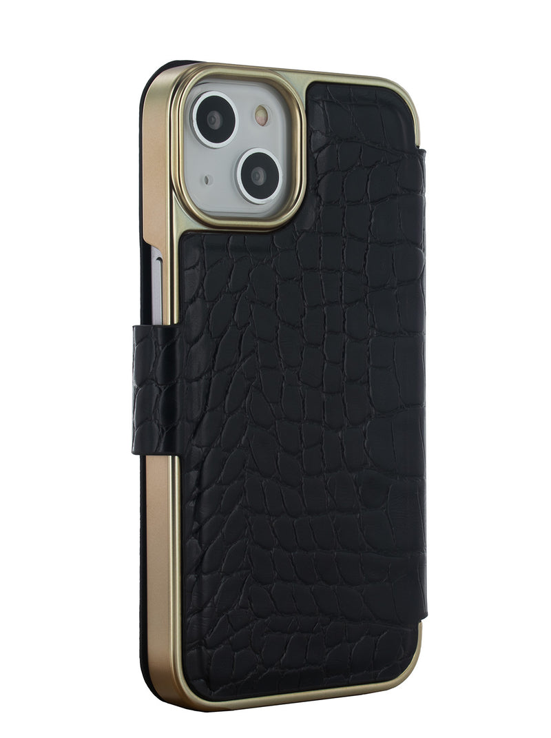 Ted Baker KHAILLY Black Croc Dual Card Slot  Folio Phone Case for iPhone 14 Gold Shell