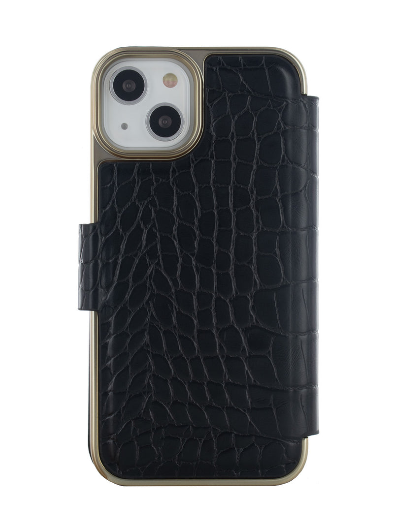 Ted Baker KHAILLY Black Croc Dual Card Slot  Folio Phone Case for iPhone 14 Gold Shell