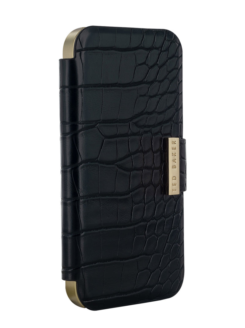Ted Baker KHAILIM Black Croc Dual Card Slot  Folio Phone Case for iPhone 14 Pro Max Gold Shell