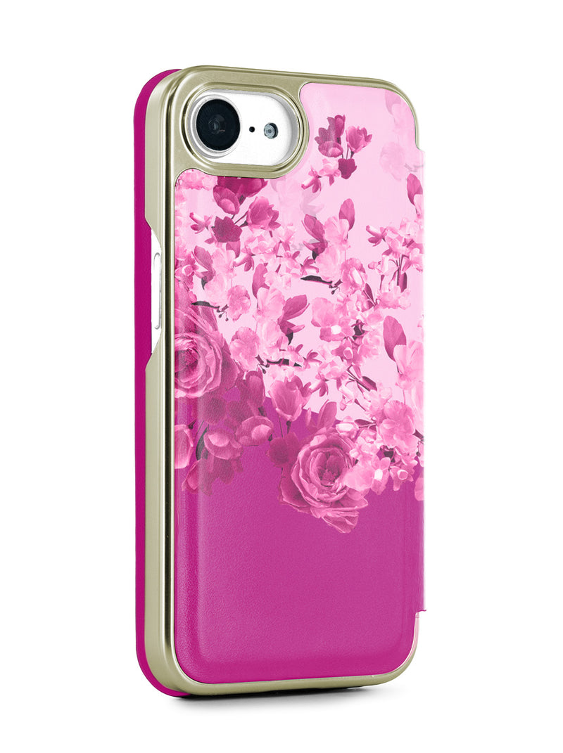 Ted Baker Pink Scattered Flowers Mirror Folio Phone Case for iPhone 16e Gold Shell