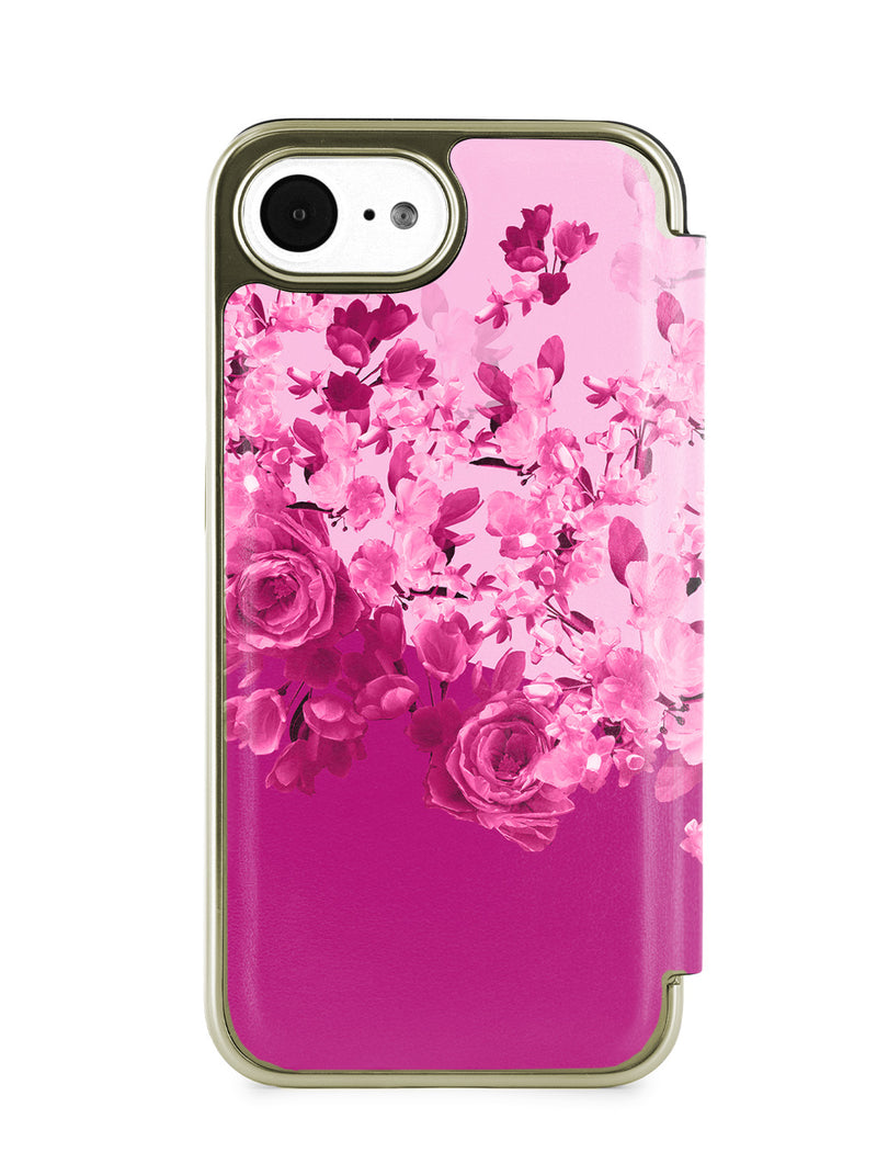Ted Baker Pink Scattered Flowers Mirror Folio Phone Case for iPhone 16e Gold Shell