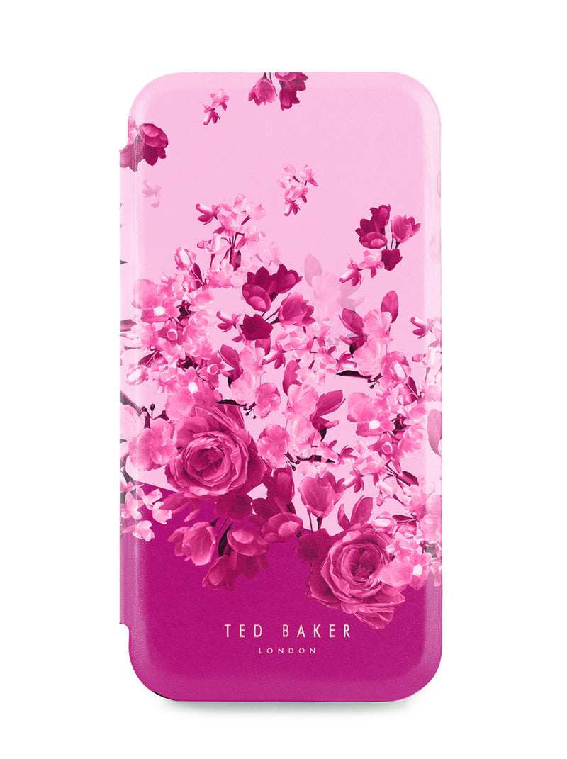 Ted Baker Pink Scattered Flowers Mirror Folio Phone Case for iPhone 16e Gold Shell